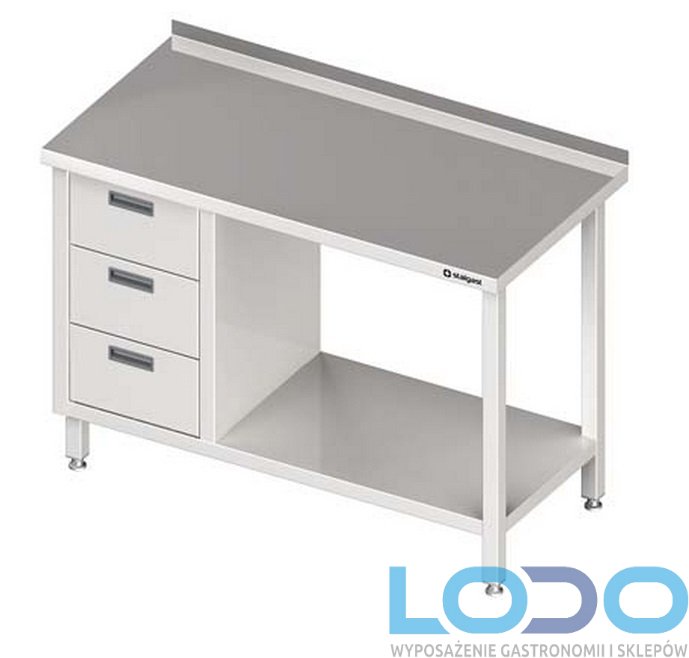 STÓŁ PRZYŚCIENNY Z BLOKIEM TRZECH SZUFLAD I PÓŁKĄ STALGAST 1300/600/850mm
