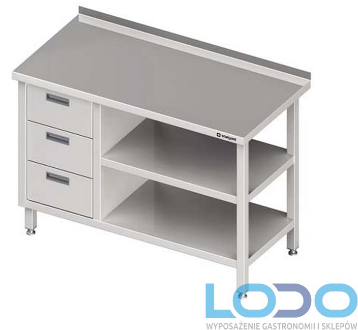 STÓŁ PRZYŚCIENNY Z BLOKIEM TRZECH SZUFLAD I DWIEMA PÓŁKAMI STALGAST 1100/700/850mm