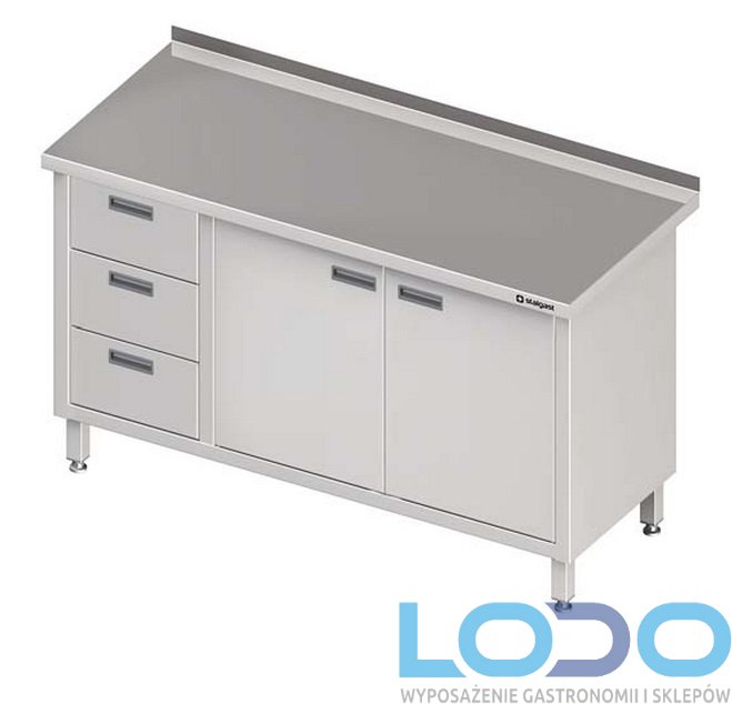 STÓŁ PRZYŚCIENNY Z BLOKIEM TRZECH SZUFLAD I DRZWIAMI SKRZYDŁOWYMI STALGAST 1600/600/850mm