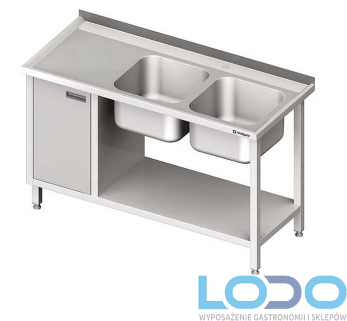 STÓŁ ZE ZLEWEM DWUKOMOROWYM Z SZAFKĄ I PÓŁKĄ STALGAST 1500/600/850mm